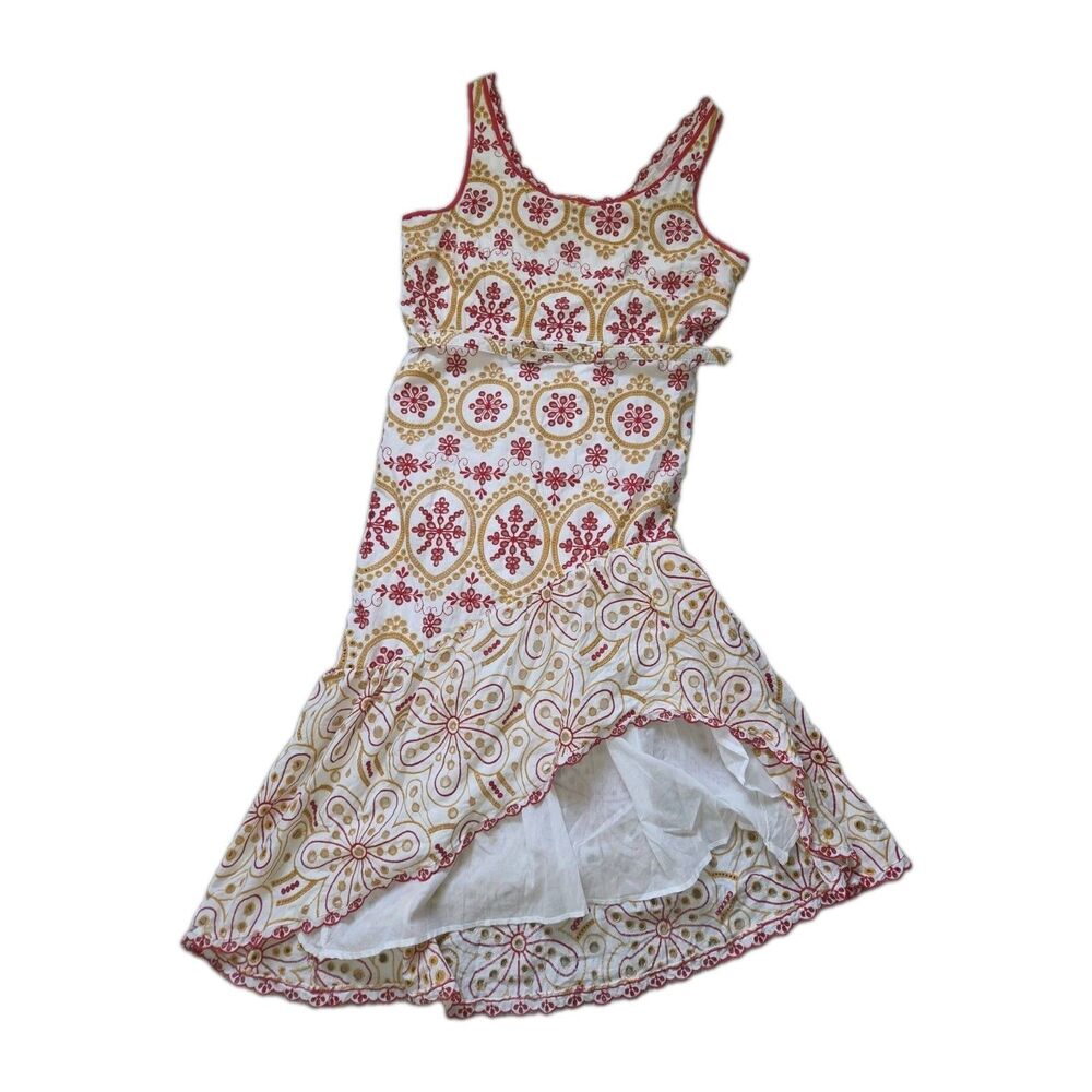 Cato Limited Edition Embroidered Boho High Low Midi Dress White Red Gold XL EUC